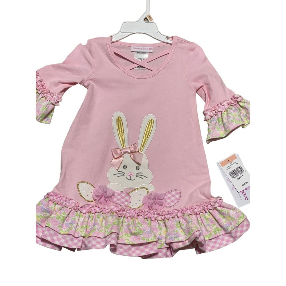 Bonnie Jean Easter Bunny Rabbit pink dress appliqué ruffle gold NWT Spring